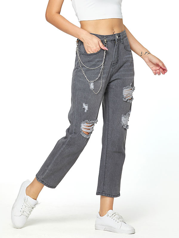 Mamme Jeans Donna Jeans grigi Cowboy Poliestere con cerniera rialzata  Pantaloni larghi a vita alta Pantaloni in denim Jeans strappati -  Milanoo.com