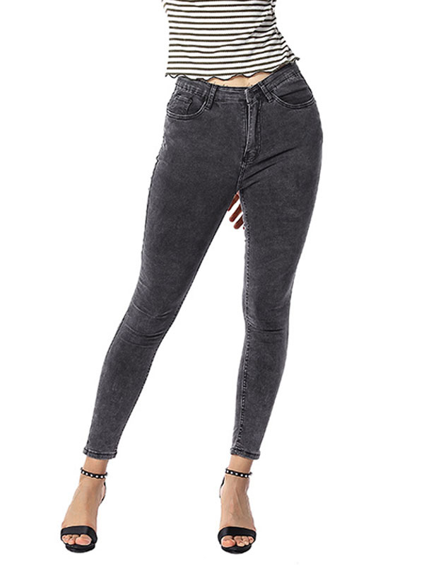 Women's Clothing Women's Bottoms | Mom Jeans Skinny Pants Grey Cotton Raised Waist Trousers - TF22554