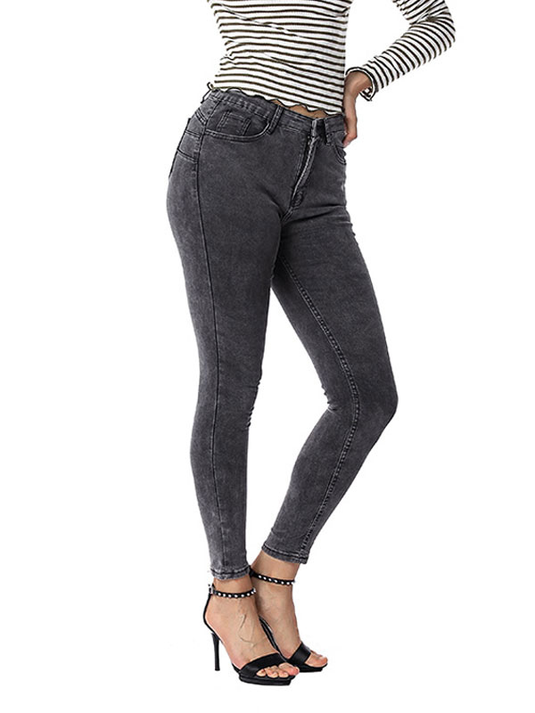 Women's Clothing Women's Bottoms | Mom Jeans Skinny Pants Grey Cotton Raised Waist Trousers - TF22554