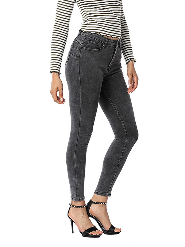 Women's Clothing Women's Bottoms | Mom Jeans Skinny Pants Grey Cotton Raised Waist Trousers - TF22554