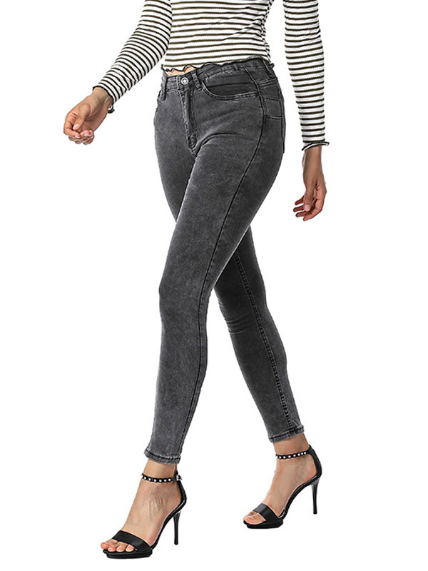 Women's Clothing Women's Bottoms | Mom Jeans Skinny Pants Grey Cotton Raised Waist Trousers - TF22554