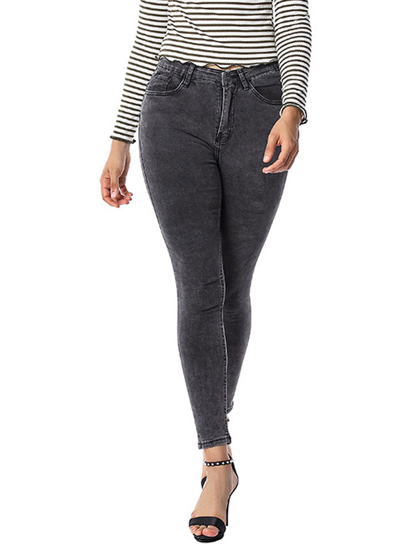 Women's Clothing Women's Bottoms | Mom Jeans Skinny Pants Grey Cotton Raised Waist Trousers - TF22554