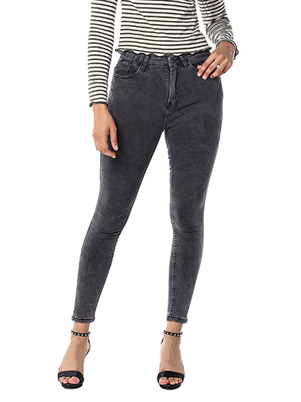 Women's Clothing Women's Bottoms | Mom Jeans Skinny Pants Grey Cotton Raised Waist Trousers - TF22554