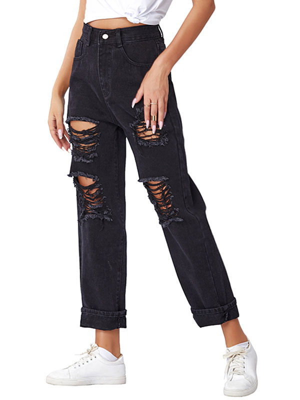 Mom Jeans Loosing Ripped Black Cotton Pants Raised Waist Trousers ...