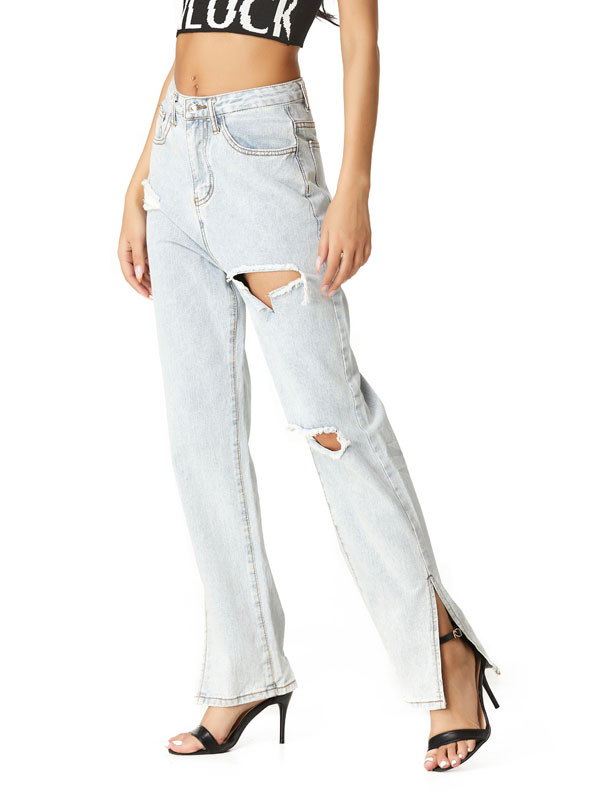 Women's Clothing Women's Bottoms | Mom Jeans Women Light Sky Blue Denim Pants Cowboy Polyester High Rise Zipper Fly Waist Straig