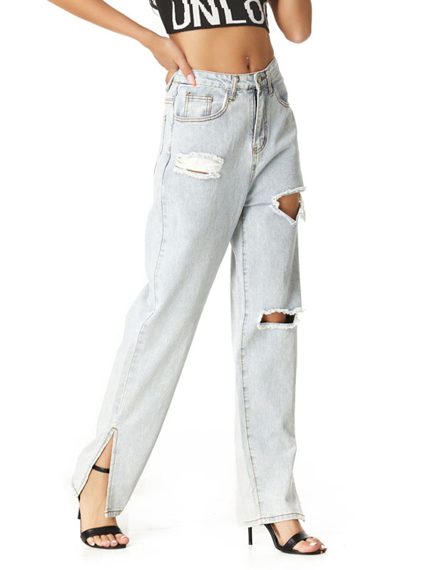 Women's Clothing Women's Bottoms | Mom Jeans Women Light Sky Blue Denim Pants Cowboy Polyester High Rise Zipper Fly Waist Straig