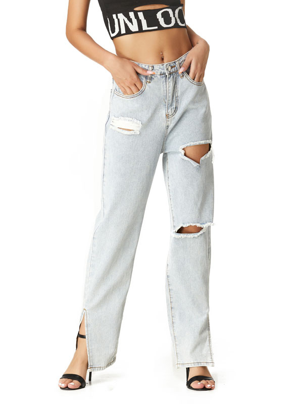 Women's Clothing Women's Bottoms | Mom Jeans Women Light Sky Blue Denim Pants Cowboy Polyester High Rise Zipper Fly Waist Straig