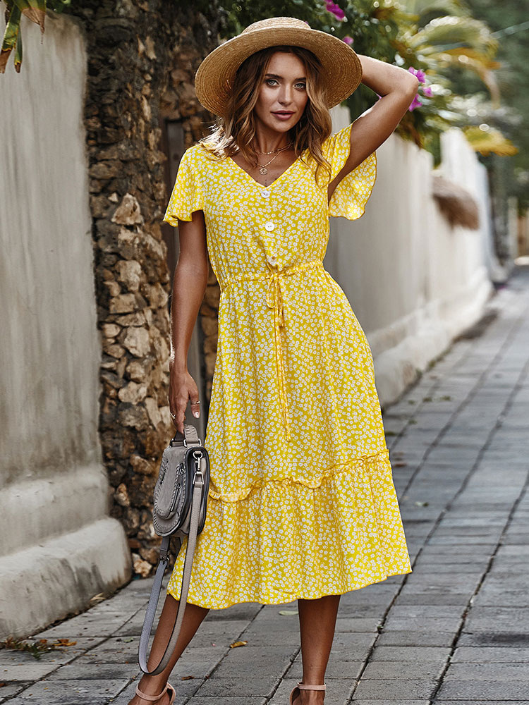 Moda Mujer Vestidos | Maxi vestidos amarillos de las mujeres mangas cortas estampado floral con cuello en v vestido de poliéster - GW25119