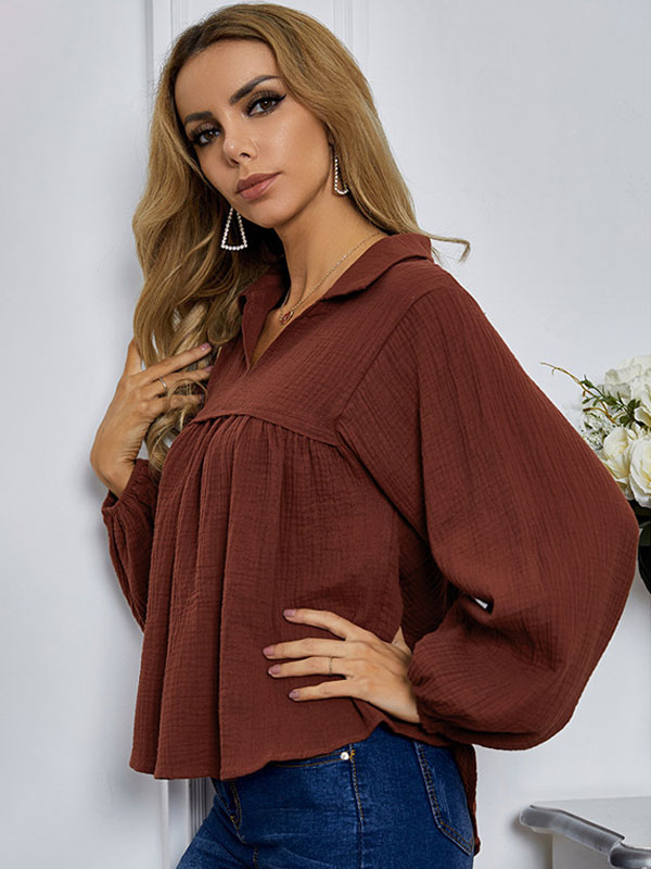 Blouse For Women Coffee Brown Turndown Collar Casual Long Sleeves ...