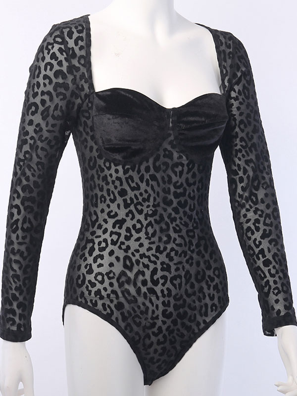 Women's Clothing Tops | Women Black Long Sleeves Bodysuit Leopard Polyester Sexy Teddies - NL42626