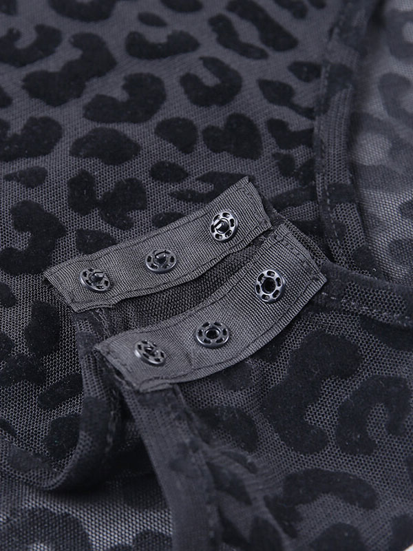 Women's Clothing Tops | Women Black Long Sleeves Bodysuit Leopard Polyester Sexy Teddies - NL42626