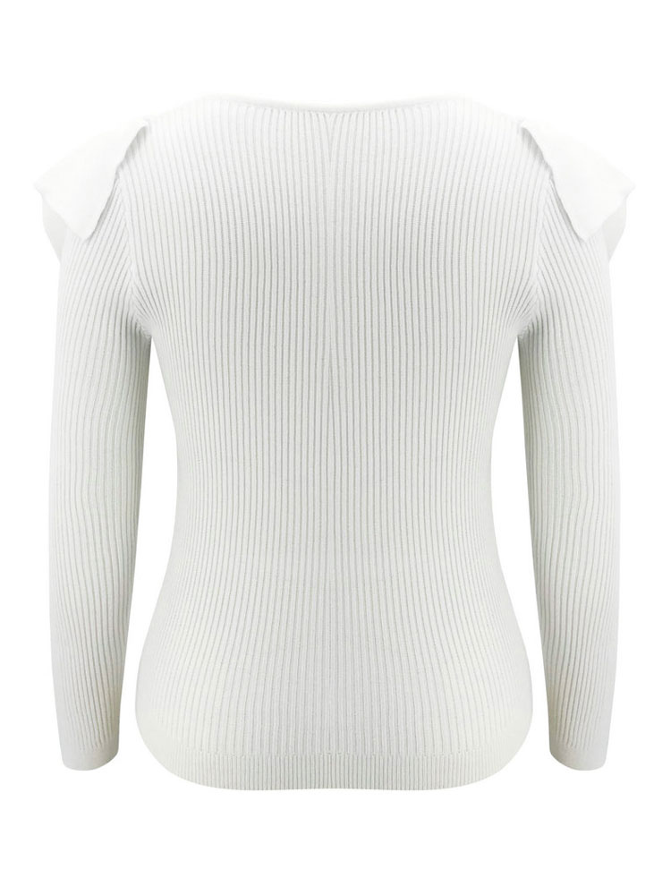 Women's Clothing Sweaters & Cardigans | Women White Pullovers Cascading Ruffles V-Neck Long Sleeves Layered Acrylic Sweaters - L