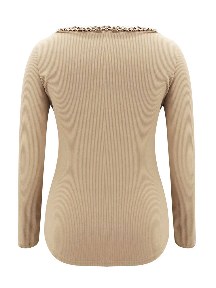 Women's Clothing Sweaters & Cardigans | Women Light Brown Pullovers Metal Details Jewel Neck Long Sleeves Irregular Polyester Co