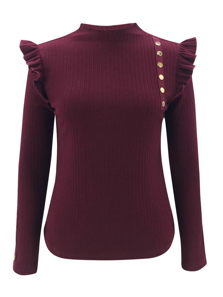 Women's Clothing Sweaters & Cardigans | Burgundy Pullovers For Women Grommets High Collar Long Sleeves Polyester Sweaters - DV69