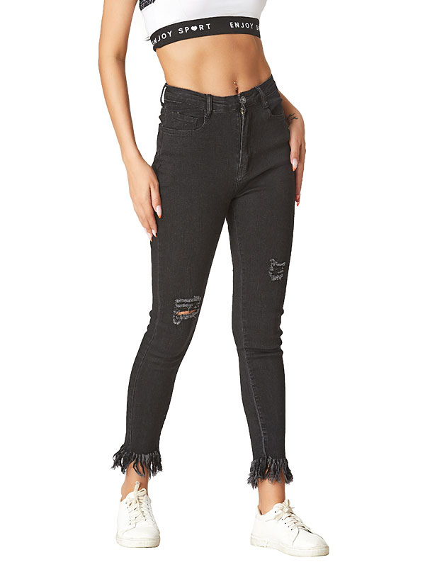 Mom Jeans Donna Jeans Pantaloni Pantaloni strappati a vita alta in cotone  nero - Milanoo.com