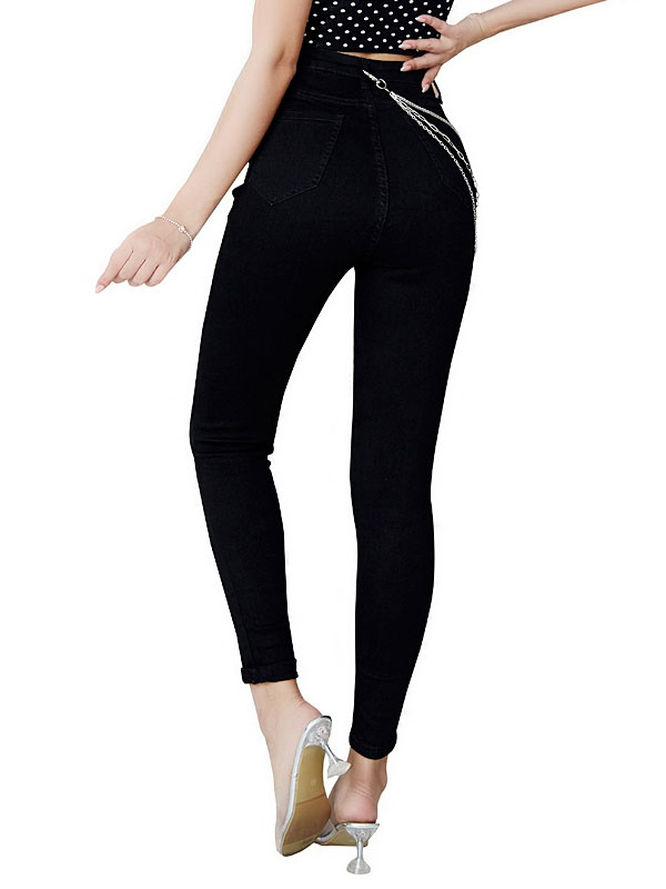 Women's Clothing Women's Bottoms | Mom Jeans Women Skinny Pants Black Cotton High Rise Waist Trousers With Chain - YG57542