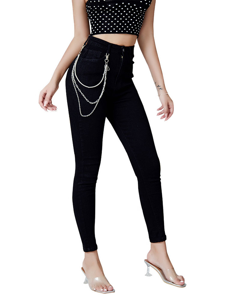 Women's Clothing Women's Bottoms | Mom Jeans Women Skinny Pants Black Cotton High Rise Waist Trousers With Chain - YG57542