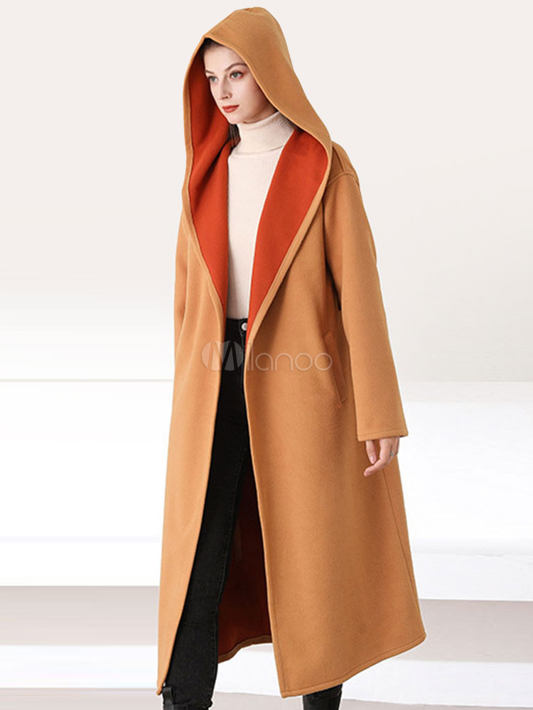 Women's Orange Coat Color Block Hooded Pockets Long Sleeve Wind Proof