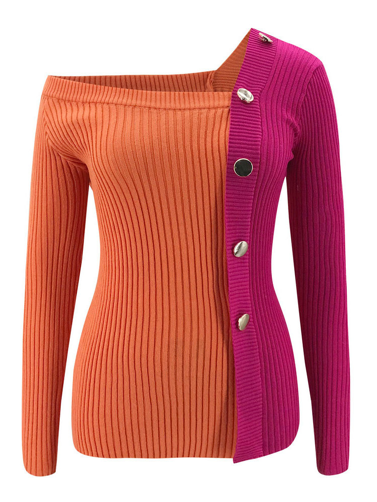 Women's Clothing Sweaters & Cardigans | Women Orange Pullovers Grommets Two Tone Bateau Neck Long Sleeves Asymmetrical Polyester