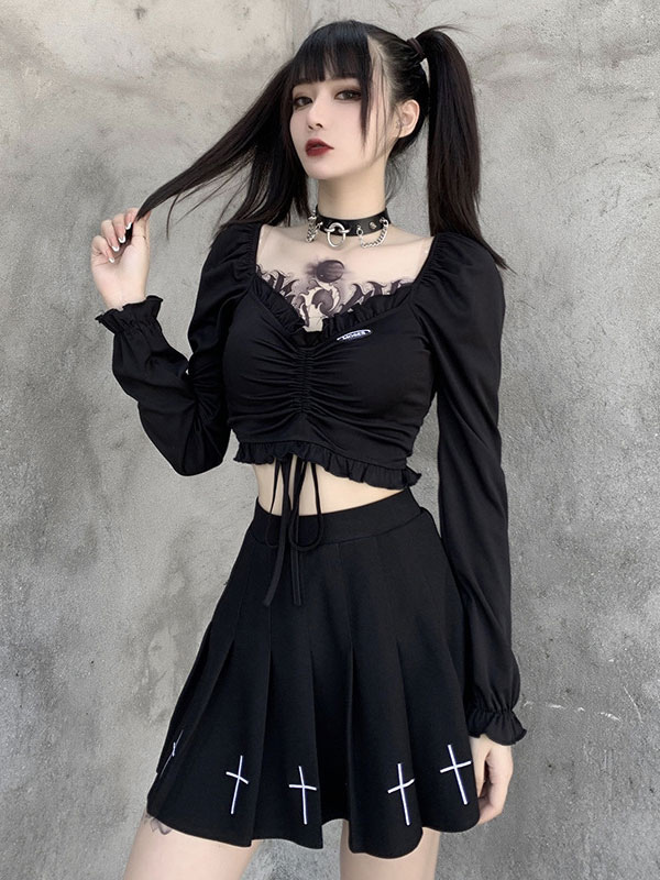 Camiseta negra para mujer Camisa gótica de manga gótico - Costumeslive.com