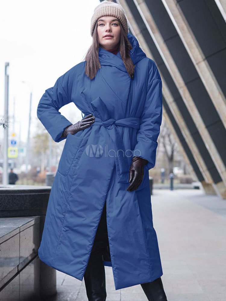 Women's Blue Puffer Coats Long Pockets Lace Up Long Sleeves Casual ...
