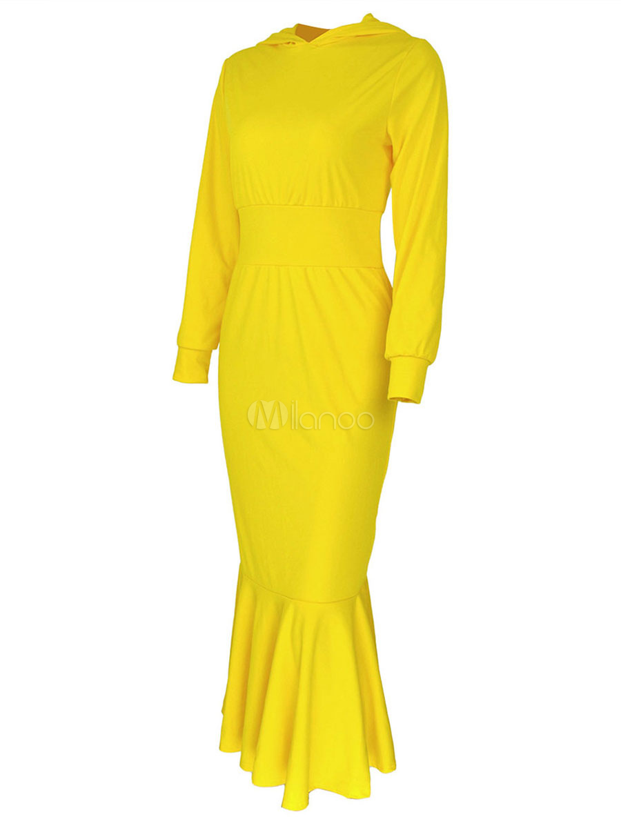 Women Yellow Maxi Dresses Long Sleeves Floor Length Hooded Dress ...