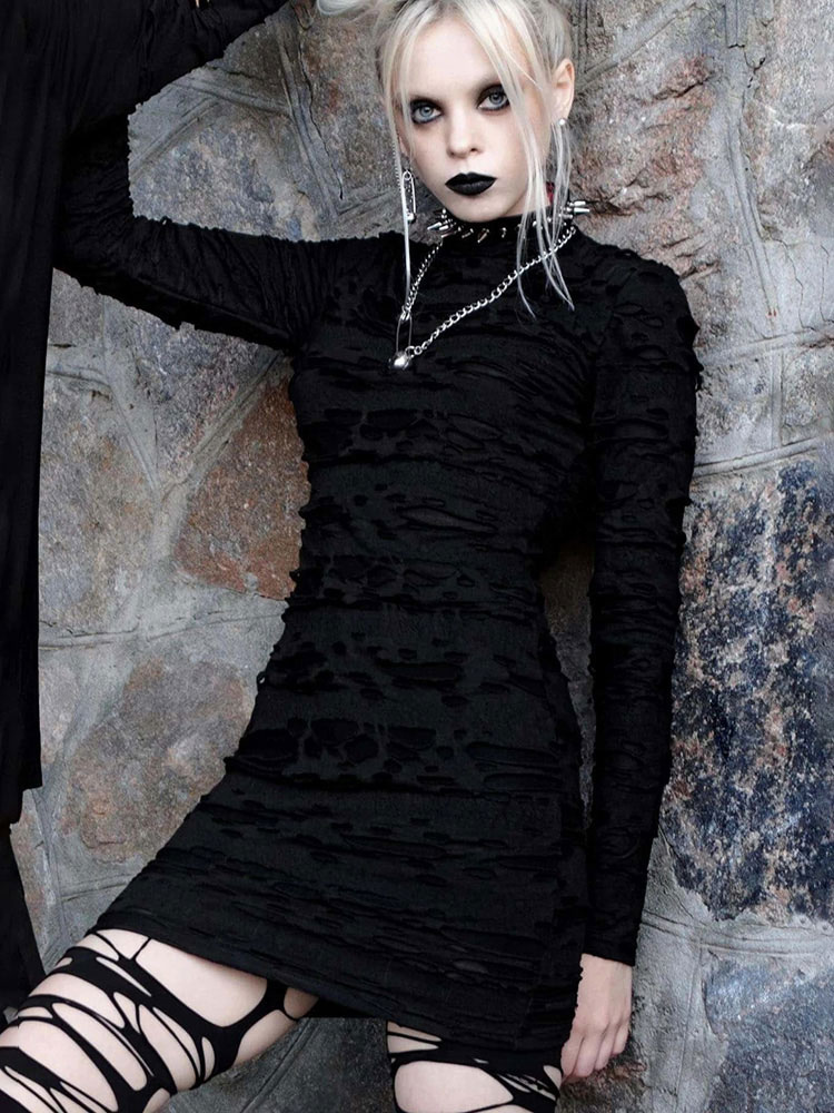 女性のゴシックドレス黒の長袖ポリエステルレトロドレス