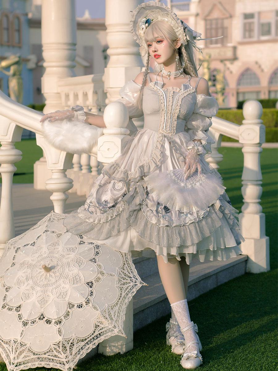スイートロリータウェディングOPドレス花柄ライトグレー花リボン