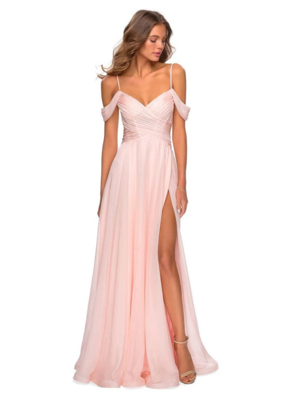 Mariage Robes de soirée pour mariage | Robes de demoiselle d'honneur rose pâle en chiffon à bretelles jupe fendu longueur au sol - FV36595