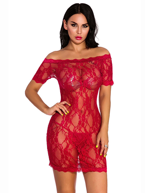 Lingerie Sexy Lingeries | Women Burgundy Chemise Lace Sheer T-Back Dress Two Piece Sexy Lingerie Set - KW68799