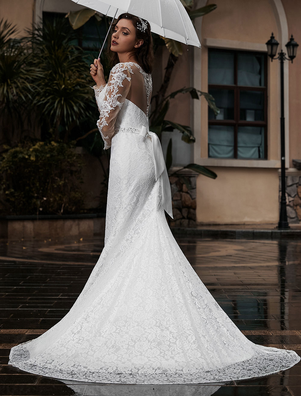 Abiti da Sposa a Sirena Abiti da Sposa Pizzo in raso con scollo tondo maniche lunghe Milanoo