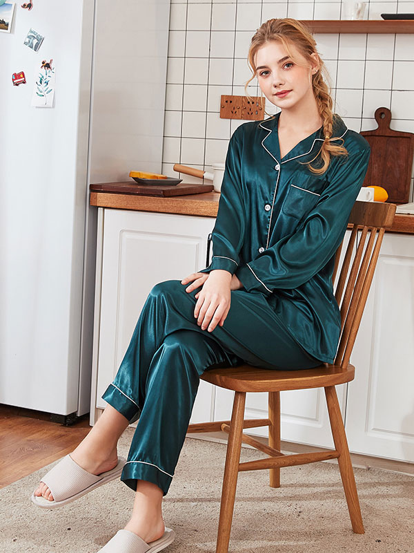 Women Dark Green Pajamas Turndown Collar Long Sleeves Top Pants 2-Piece ...