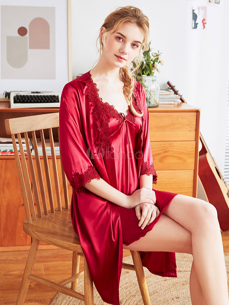 Women Pink Lace Nightdress Long Sleeves Nightgown 2 Piece Set Straps Neck Silk Like Lingerie 3809