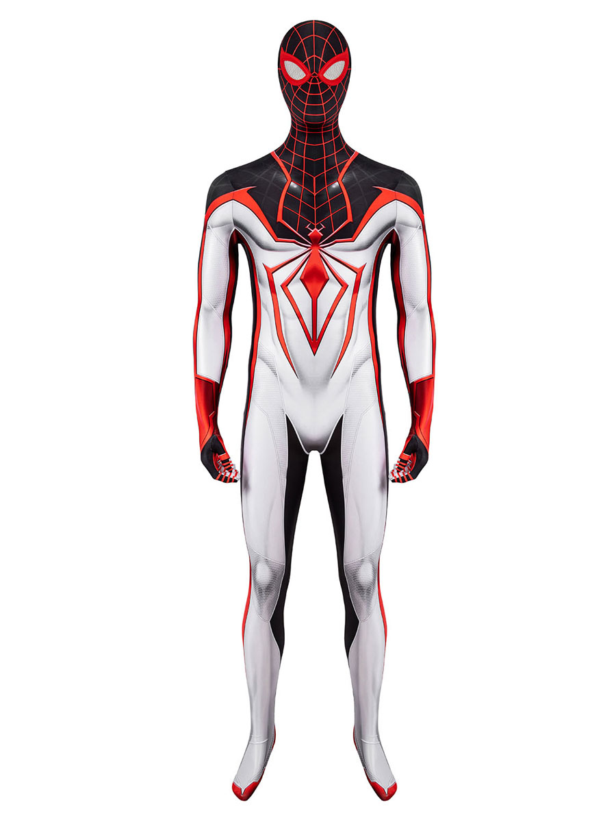 Men Spiderman Costume Miles Morales . White Superheros Lycra  Spandex Jumpsuit Catsuits Zentai 