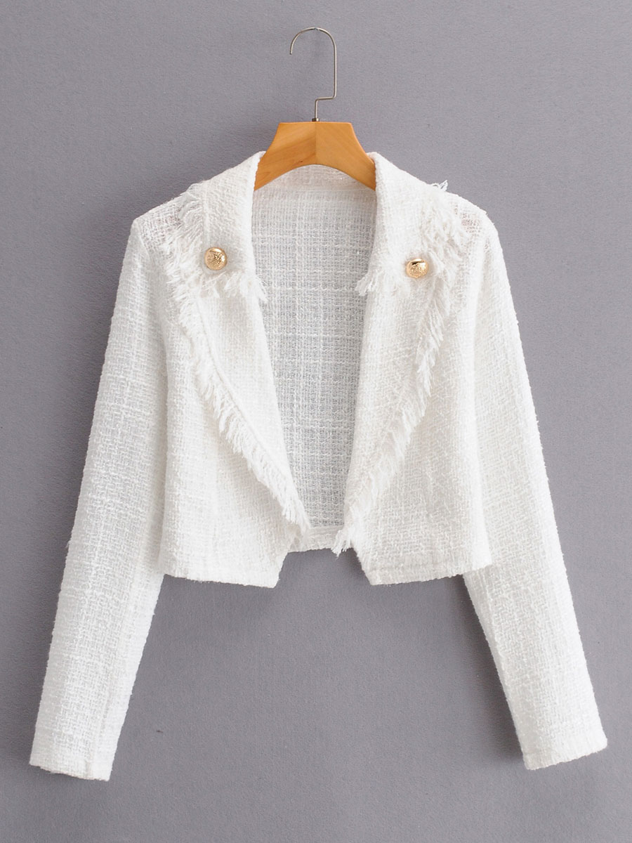 have confidence Fearless Substantial Mulheres White Jacket Colllar Collar Fringe Polyester Manga Longa Casaco  curto - Milanoo.com