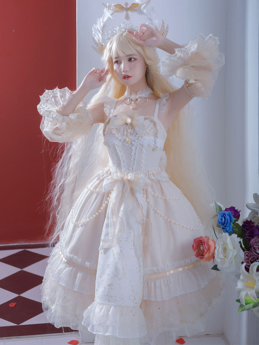 Lolitashow Sweet Lolita JSK Dress 3 Pieces Set White Sleeveless Lace Up ...