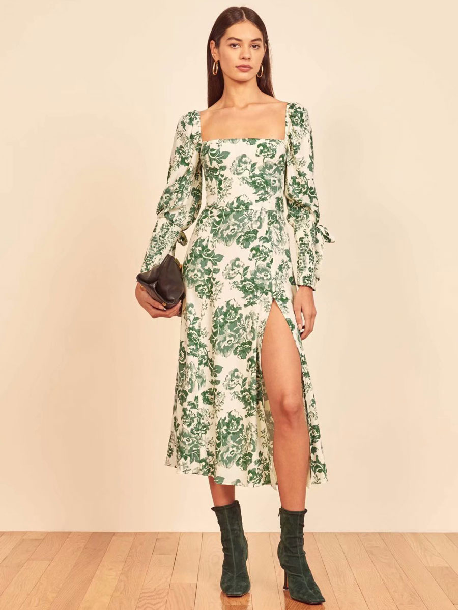 green floral long sleeve maxi dress