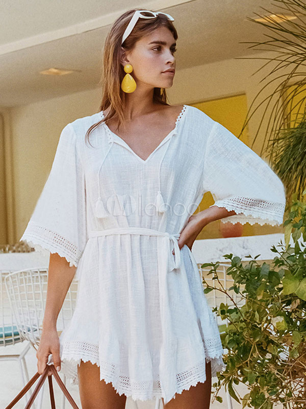 Vestido Boho De Mujer Blanco Con Cordones Con Cuello En V Medias Mangas ...