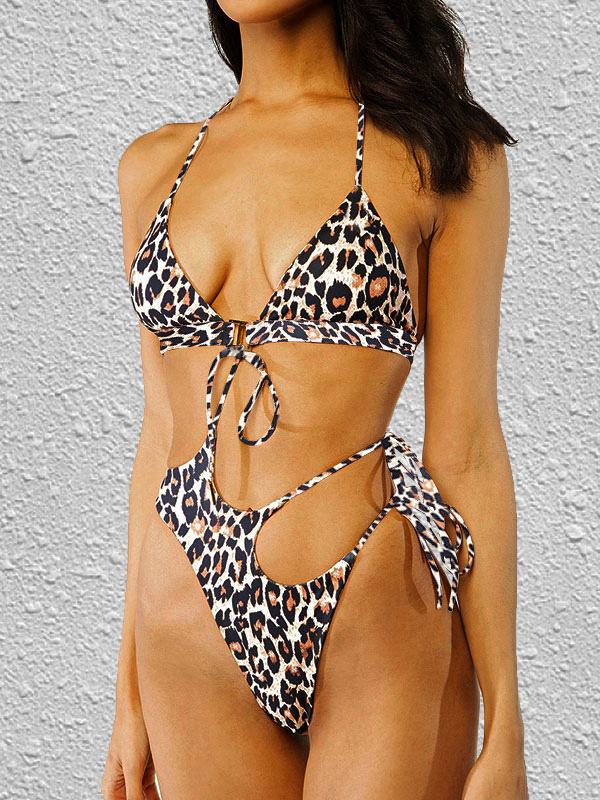 Women's Clothing Swimsuits & Cover-Ups | Monokini Swimsuits Brown Leopard Print Halter Backless Swimming Suits - VY58000