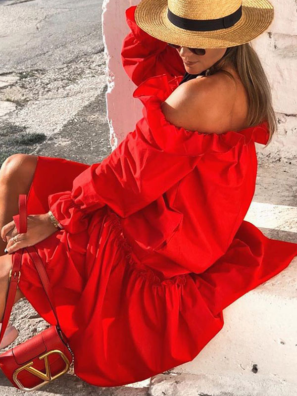 Women's Clothing Dresses | Women Maxi Dresses Long Sleeves Red Bateau Neck Maxi Asymmetrical Floor Length Dress - II91914