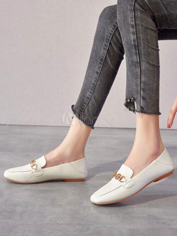 Women White PU Leather Loafers Square Toe Metal Details Casual Shoes ...