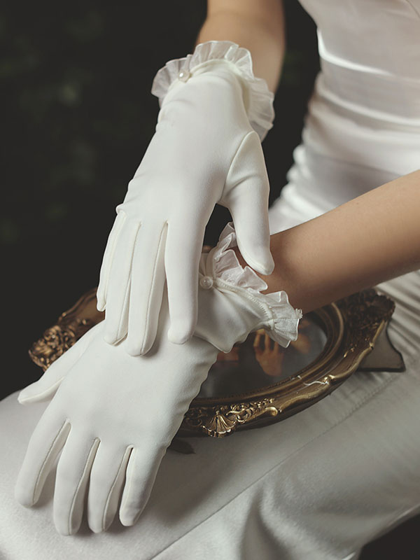 女性の結婚式の手袋白いサテン生地の真珠はブライダル手袋をフリル - Milanoo.jp