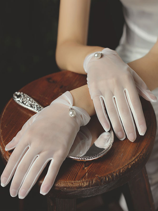 女性の結婚式の手袋チュール真珠ブライダル白い手袋 - Milanoo.jp