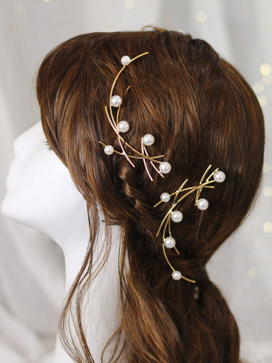 Boda Accesorios de boda | Tocado de boda para mujer, accesorios para el cabello con perlas de metal, tocado de novia dorado - NW38869