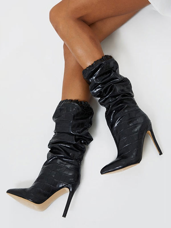 Zapatos de Mujer | Botas de media pantorrilla de mujer Botas de tacón de aguja de punta puntiaguda de cuero PU negro - OU78872