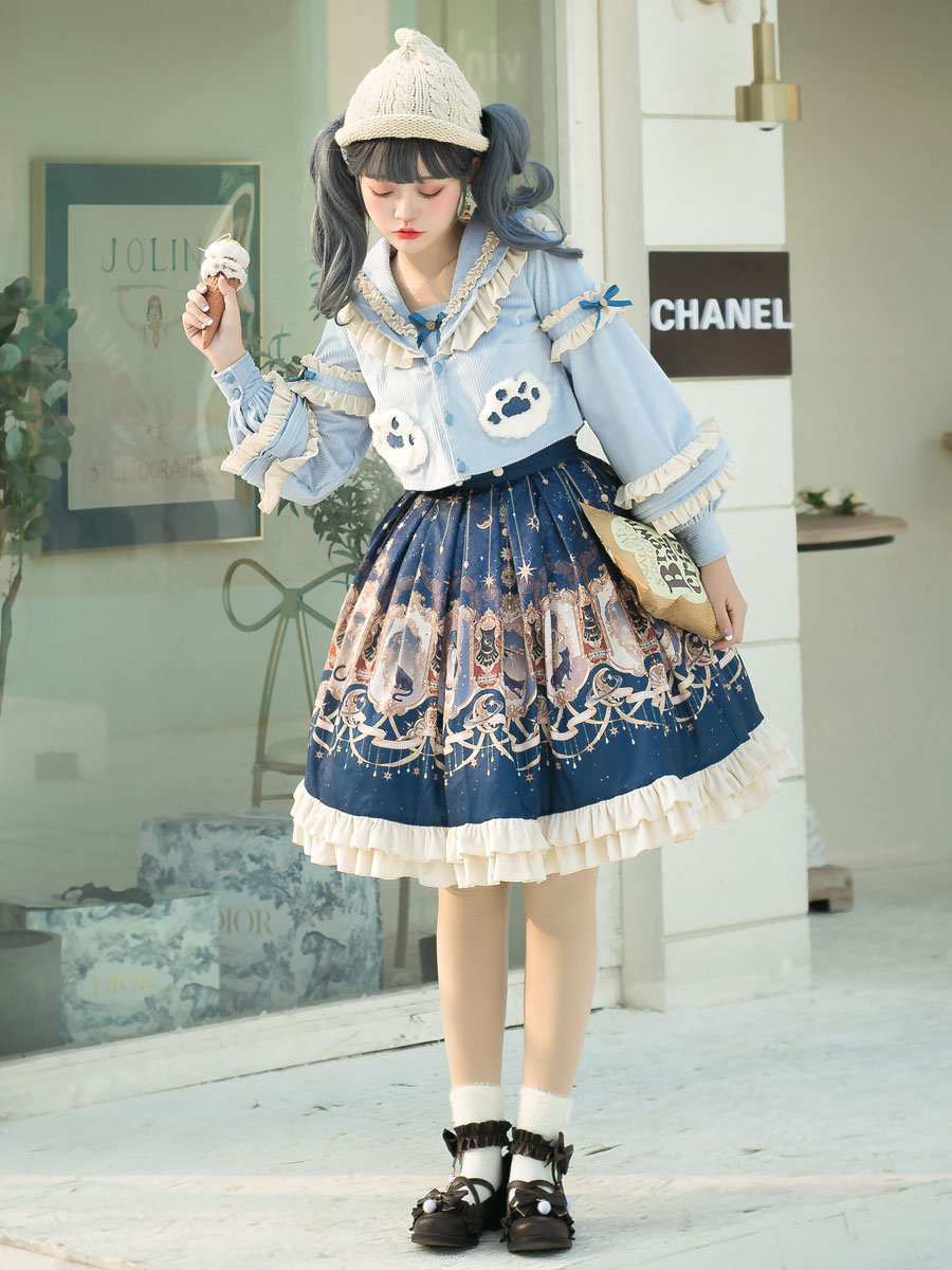 Süße Lolita Outfits Baby Blue Rüschen mit Tiermotiv Bögen Langarm Top ...