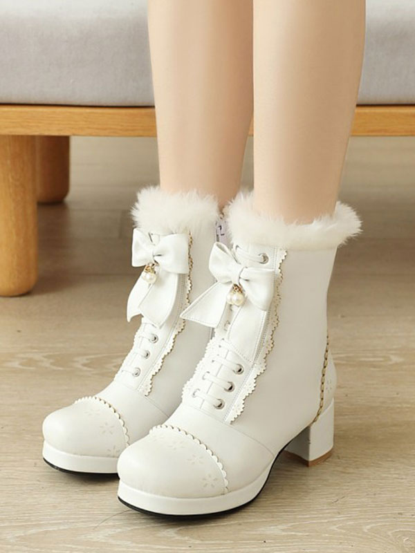 Womens Winter New Fashion Sweet Bow Lolita Ankle Boots Low Heel PU Leather Boots