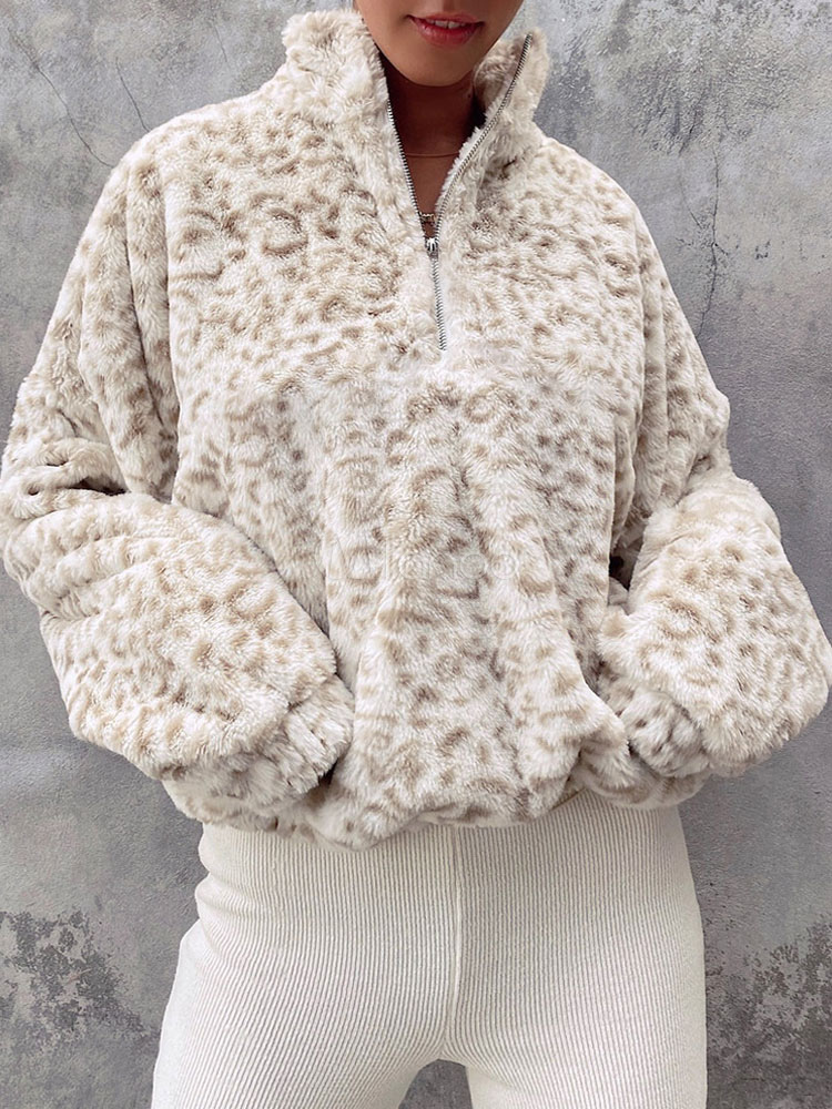 Women Hoodie Ecru White Long Sleeves Leopard Print Polyester Hooded