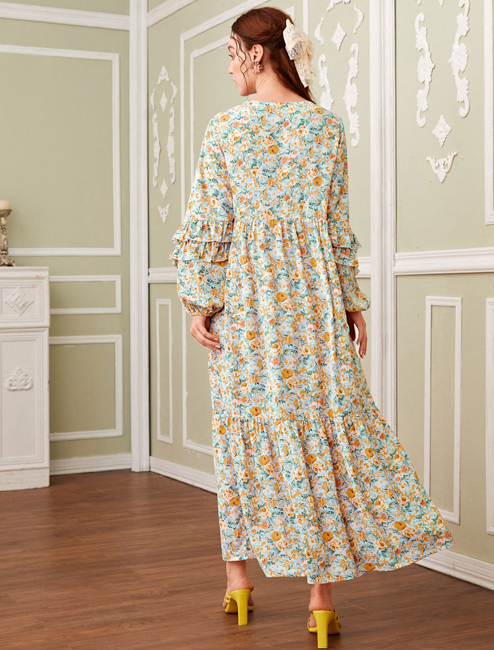 Women Yellow Maxi Dresses Long Sleeves Floral Print V Neck Polyester ...