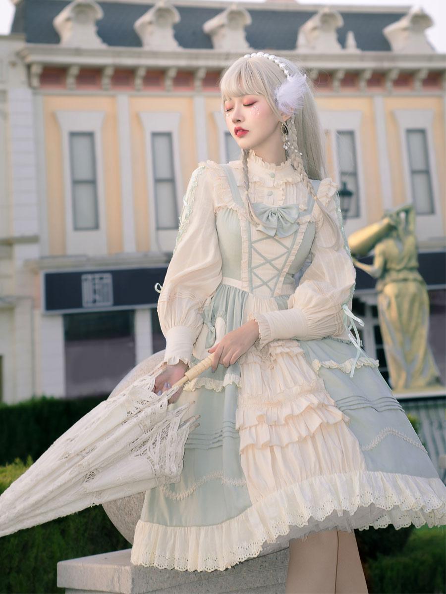 【韓嬢】3点セット ゴスロリ・ロリータドレス 森ガール 姫 甘ロリ JSK 水色 韓嬢】3点セット ゴスロリ・ロリータドレス 森ガール 姫 甘ロリ